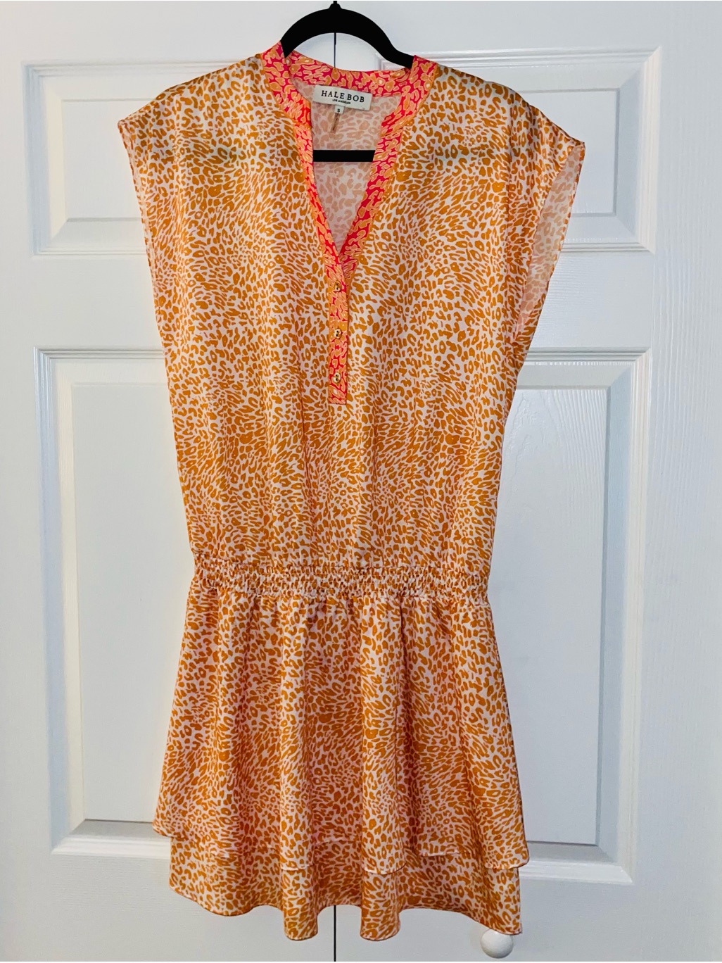 Like New Hale Bob Orange Leopard Print Mini Dress W/ Pink Trim Cinched Waist